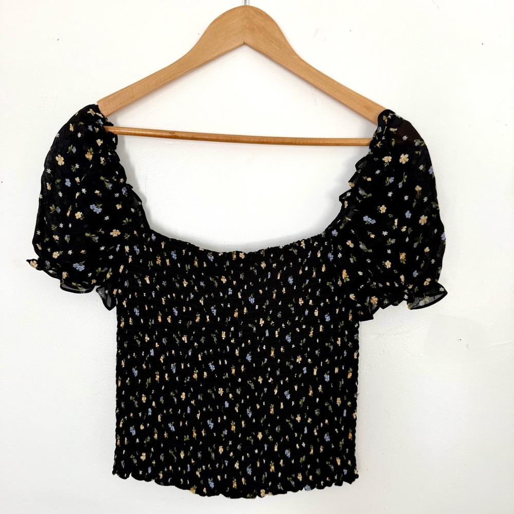 Reformation Floral Black Puff Sleeve Top